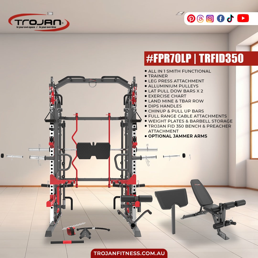 Gym power rack with bench and attachments in a room setting, Trojan Fitness branding visible.